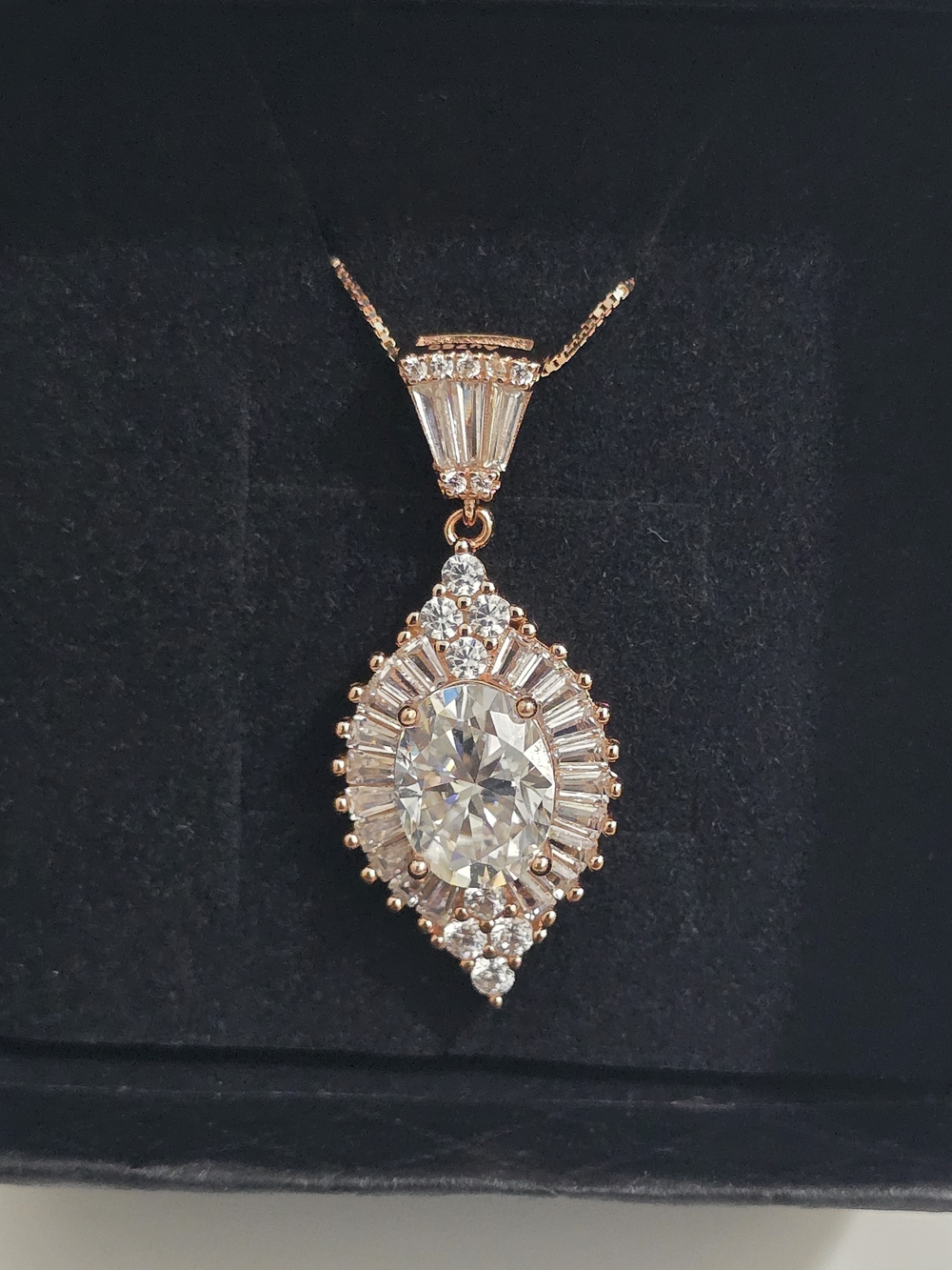 Rose Gold Halo Pendant Necklace with Moissanite Clear Center Stone